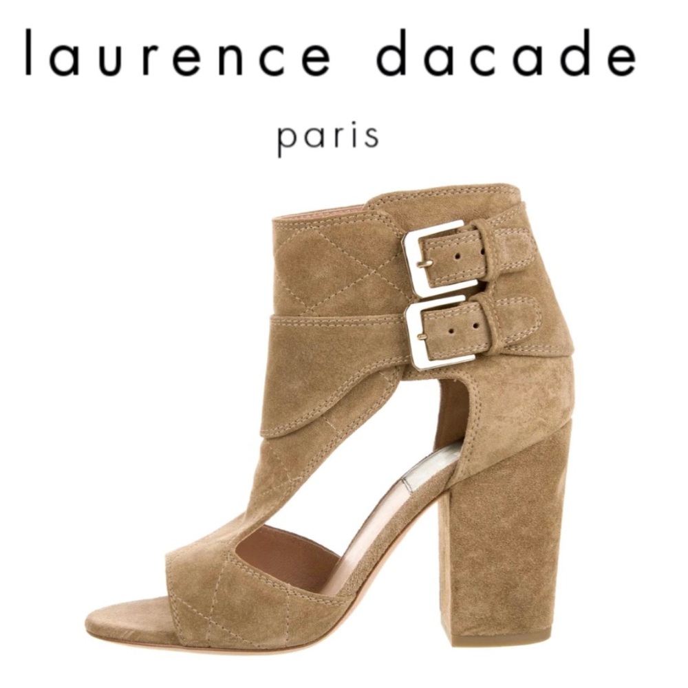 Laurence Dacade Rush tan suede buckle open toe cut out side high heel ankle boot
